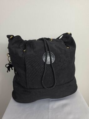 Kipling Black Drawstring Hobo Crossbody Bag with Monkey Charm Unisex